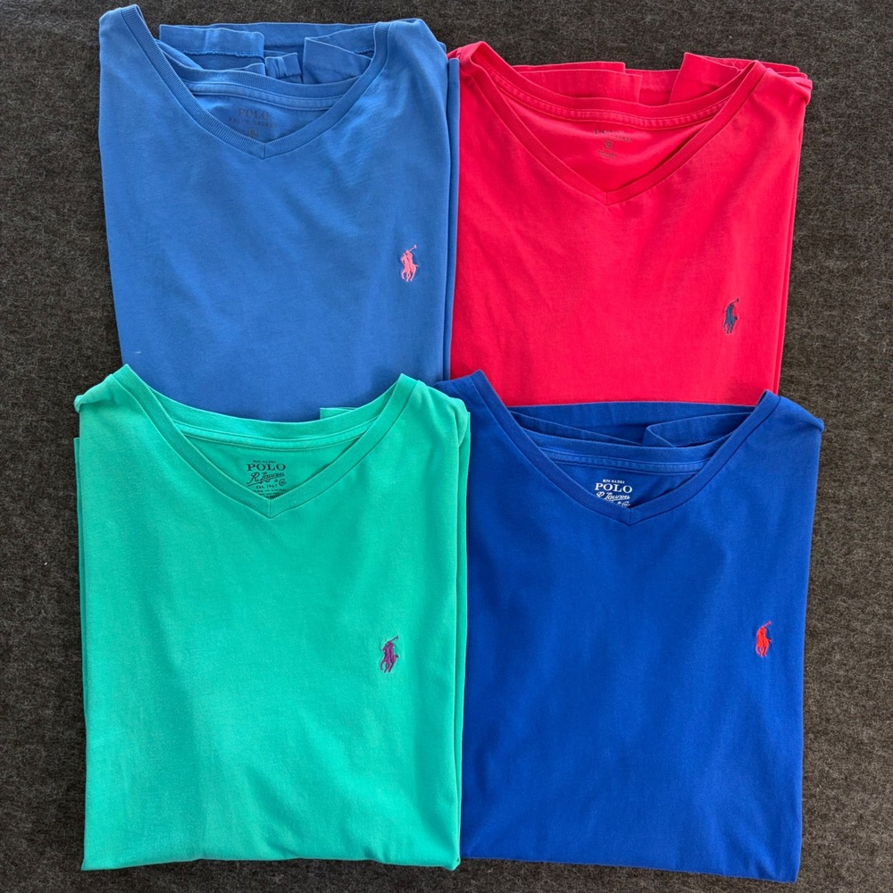 Polo Ralph Lauren Mens XL V-Neck T-Shirt Lot of 4 Blue Red Green 100% Cotton